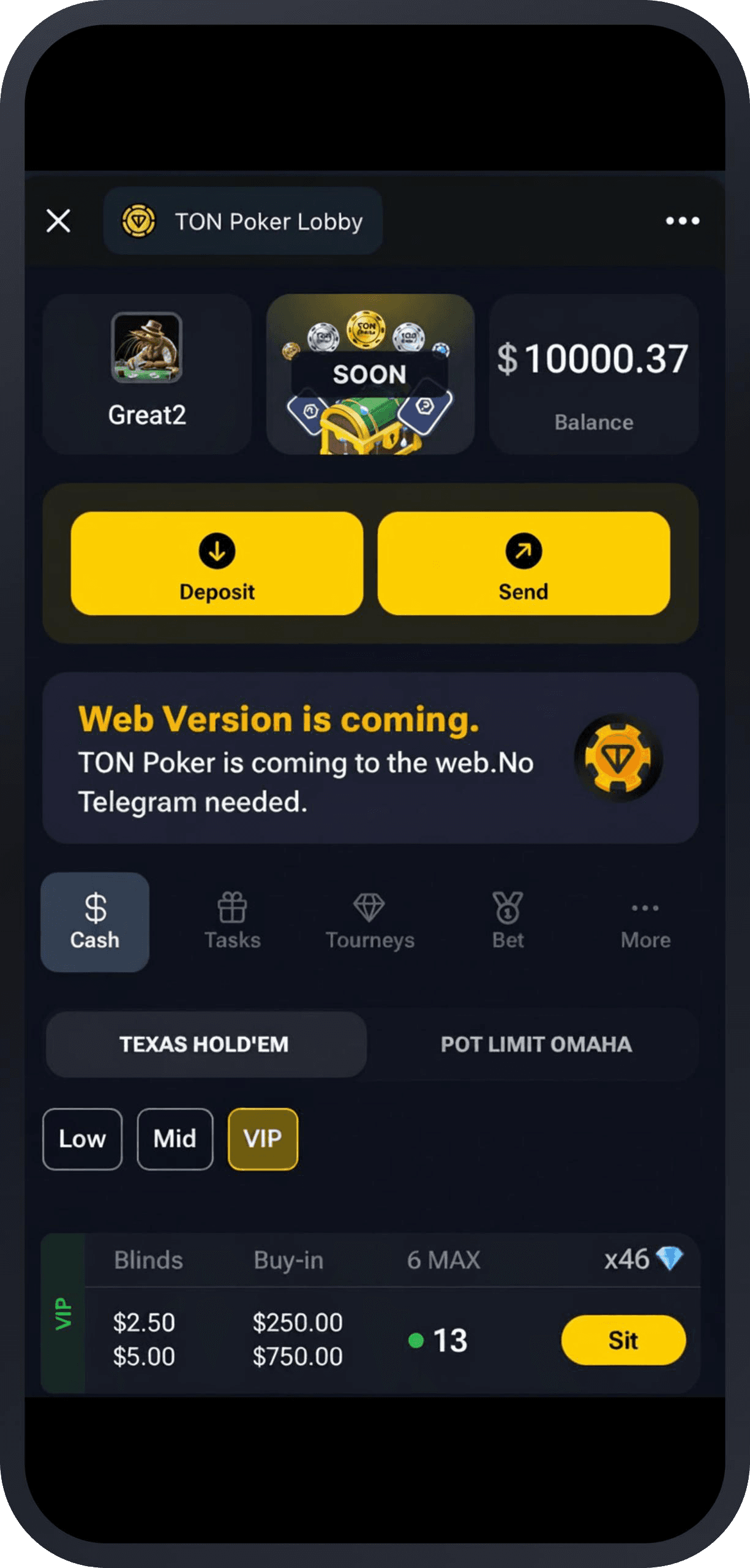 Screenshot of the TON Poker lobby in Telegram