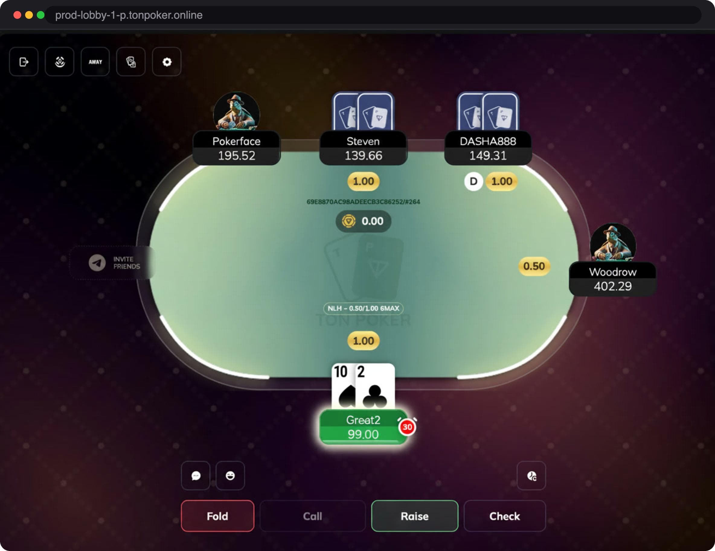 Скриншот: стол TON Poker в веб-версии