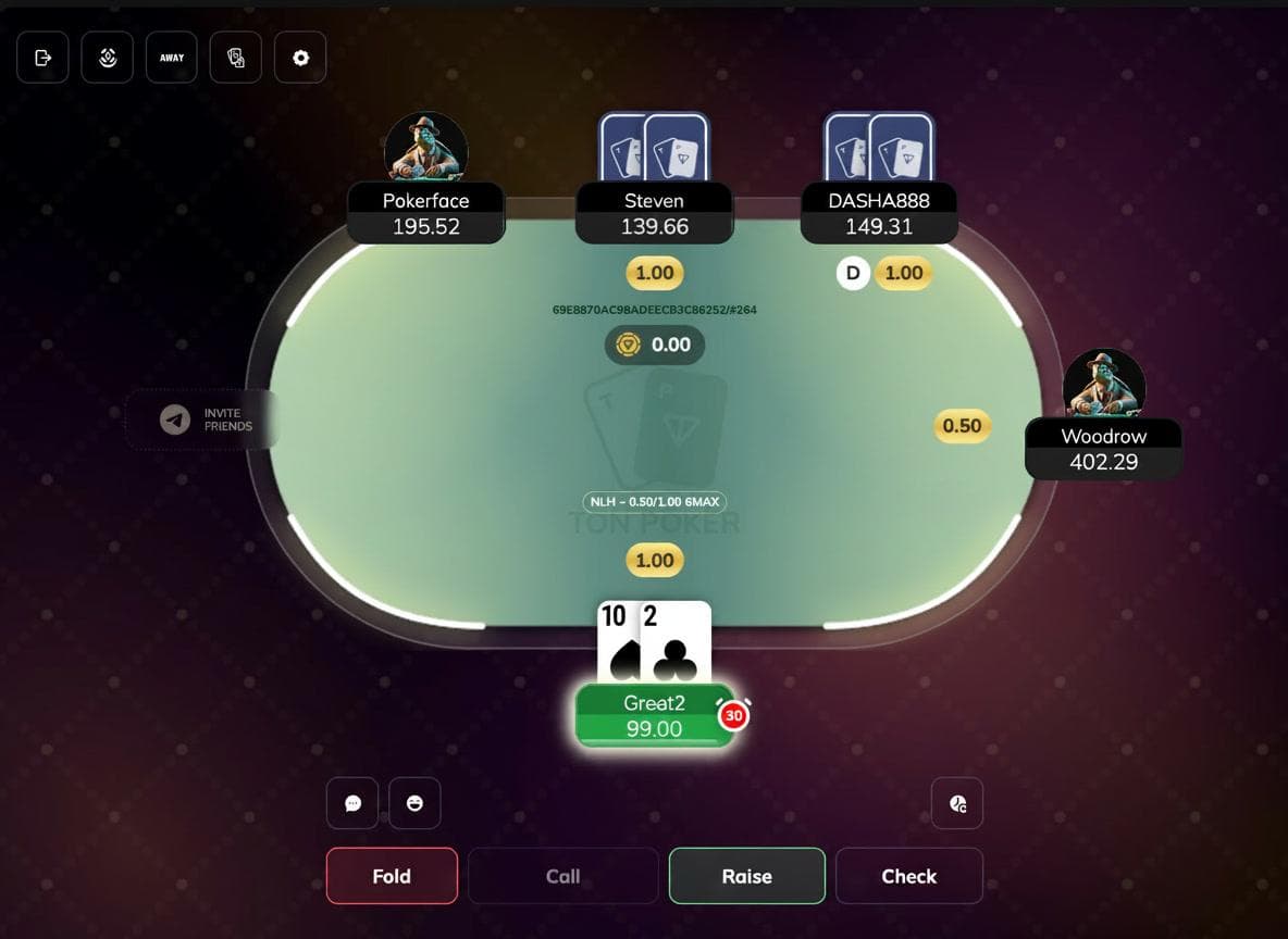 Screenshot of a TON Poker table